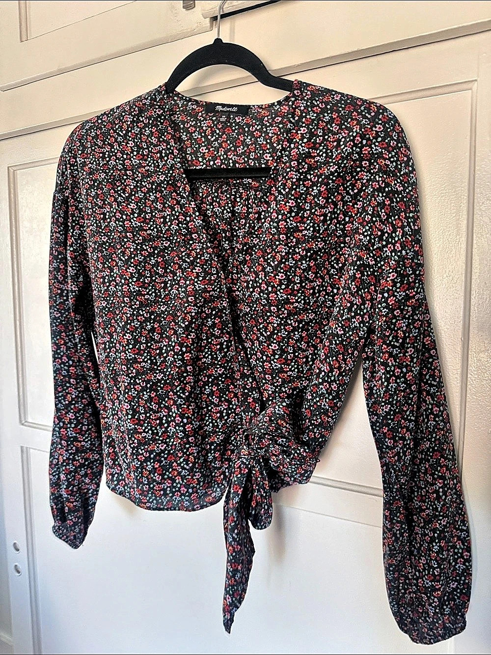 Madewell Floral Long Sleeve Wrapped Side Tie Blouse Black & Red XS